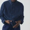 Chemise en denim à col grand-père et demi-patte de boutonnage