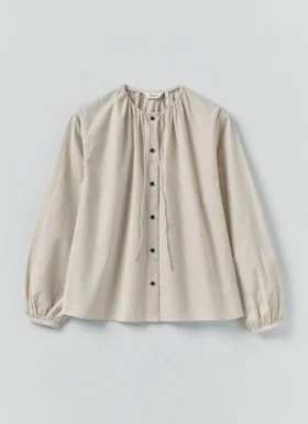 Chemise à mini-rayures et encolure froncée
