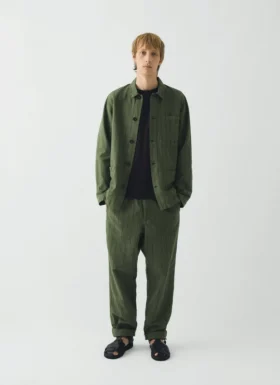 Pantalon en coton et lin élastiqué à rayures surteintes