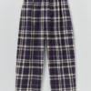 Pantalon en lin et coton à carreaux, coupe évasée | Bleu/Soja