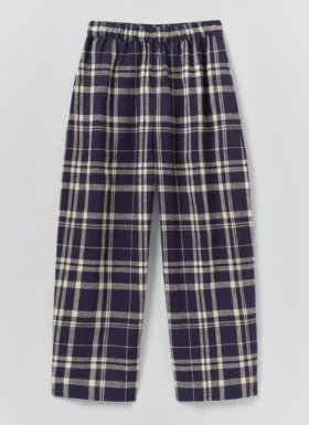 Pantalon en lin et coton à carreaux, coupe évasée | Bleu/Soja