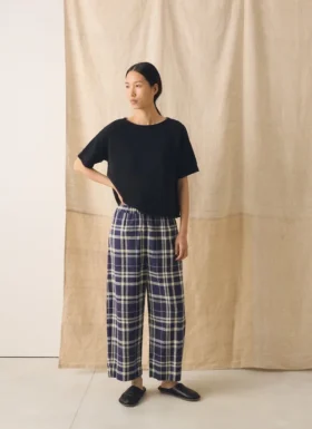 Pantalon en lin et coton à carreaux, coupe évasée | Bleu/Soja