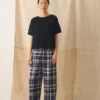 Pantalon en lin et coton à carreaux, coupe évasée | Bleu/Soja