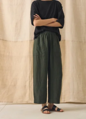 Pantalon en lin teint en pièce à jambes larges
