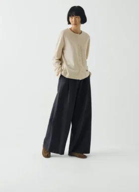 Pantalon en sergé de coton et lin à jambes larges