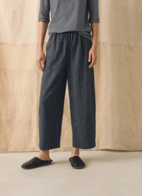 Pantalon à jambes évasées en lin et coton rayé