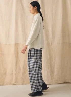 Pantalon à poches plaquées en lin et coton vichy