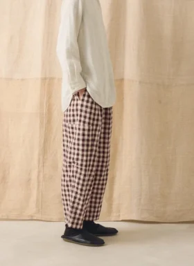 Pantalon à poches plaquées en lin et coton vichy