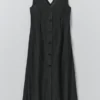 Robe en popeline de coton et lin à col en V