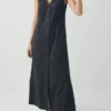 Robe en popeline de coton et lin à col en V